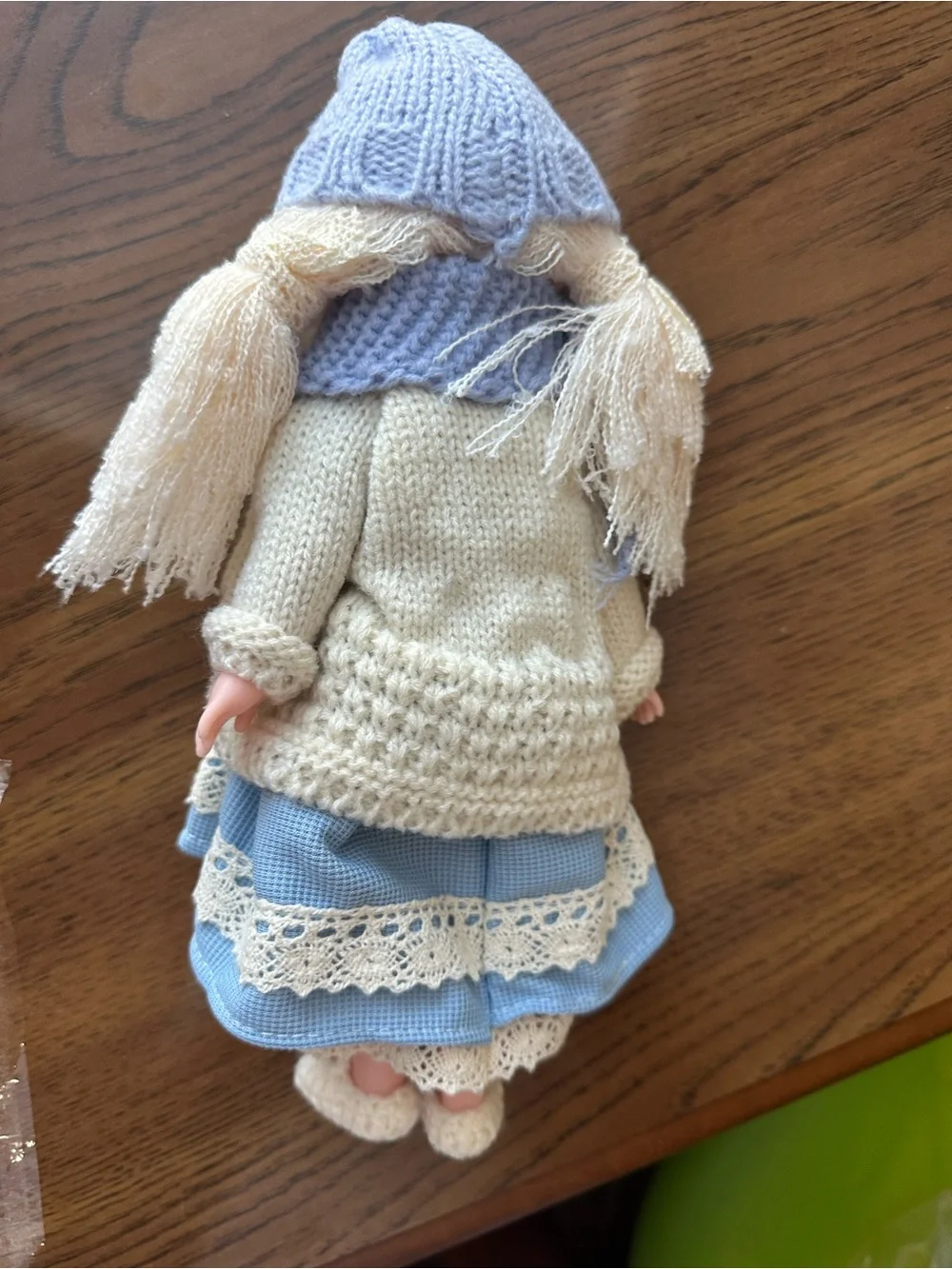 Girl Doll with Blue Knitted Accessories & Lace